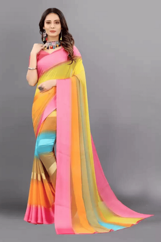 Sanwariya Silks Georgette Colorblock Saree With Unstitched Blouse Piece ( Pink ) - Sarees | Buy online on ZillyBuy
