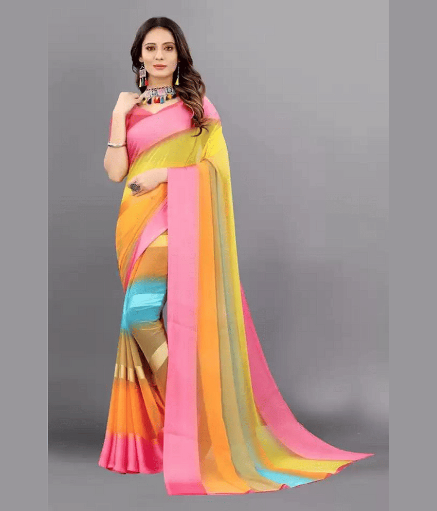 Sanwariya Silks Georgette Colorblock Saree With Unstitched Blouse Piece ( Pink ) - Sarees | Buy online on ZillyBuy