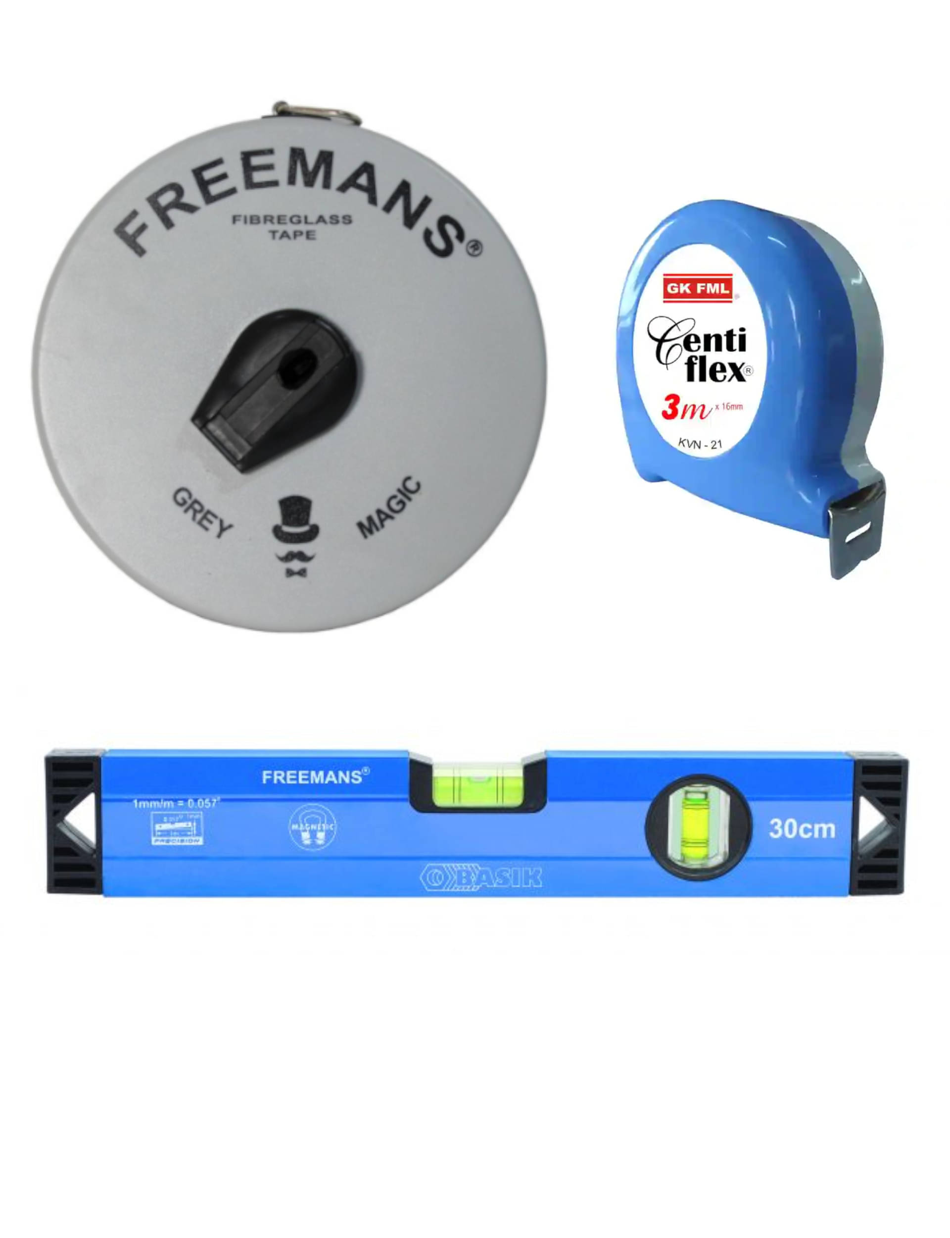 Freemans Grey Magic 15 Mtr Measuring Tape with Centi Flex 3 Mtr Measuring Tape & Spirt Level 30 cm. Freemans Grey Magic 15 Mtr Measuring Tape with Centi Flex 3 Mtr Measuring Tape & Spirt Level 30 cm.
