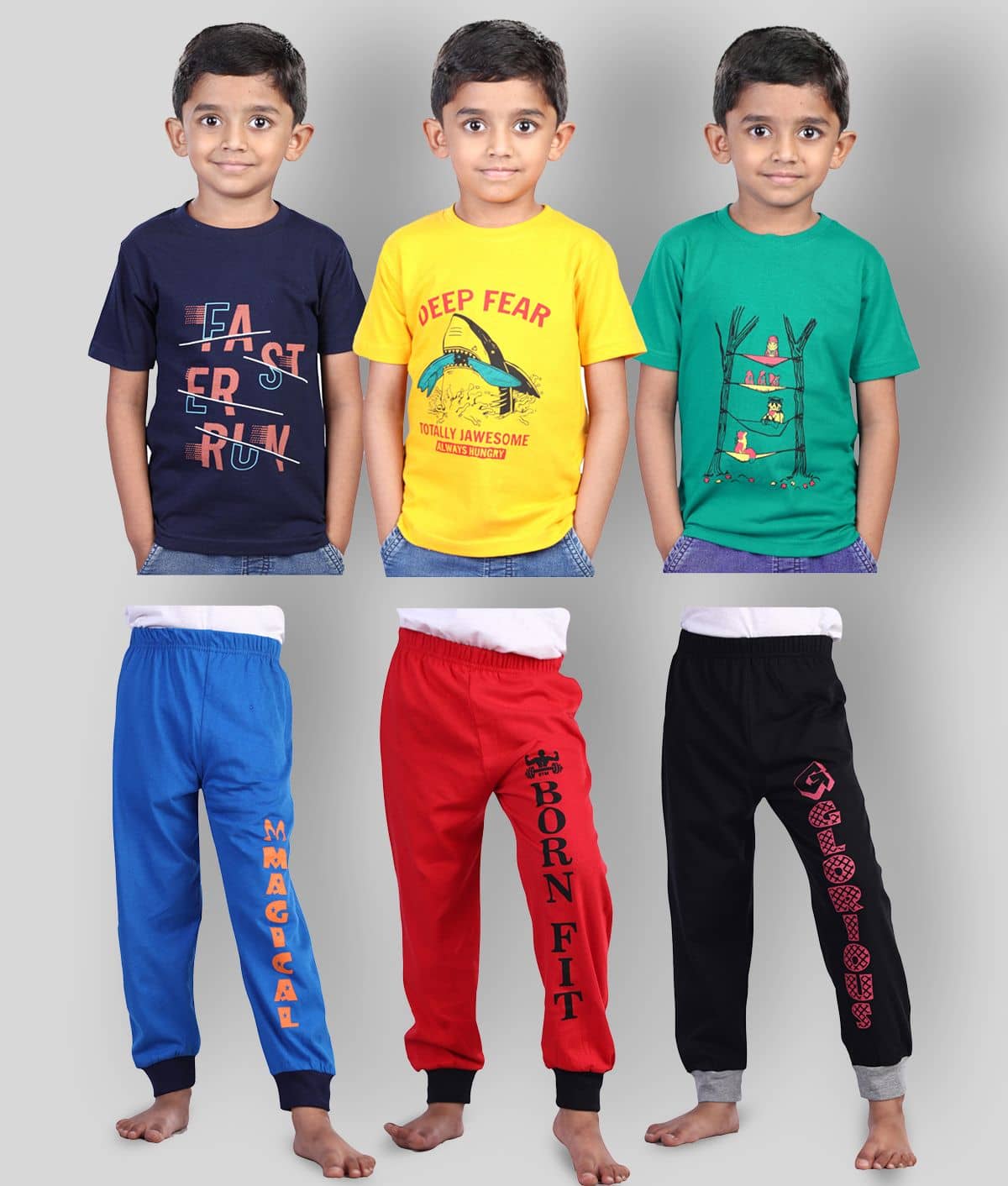 JILZ Pack of 3 Boys Cotton T-Shirt & Pants Set ( Multi )