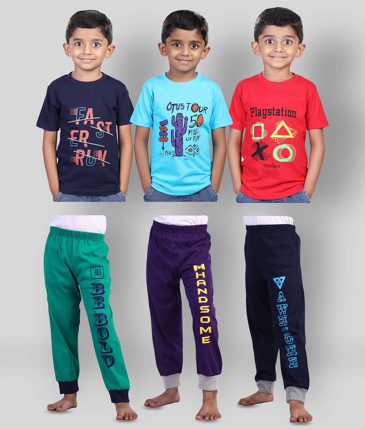     			JILZ Pack of 3 Boys Cotton T-Shirt & Pants Set ( Multi )