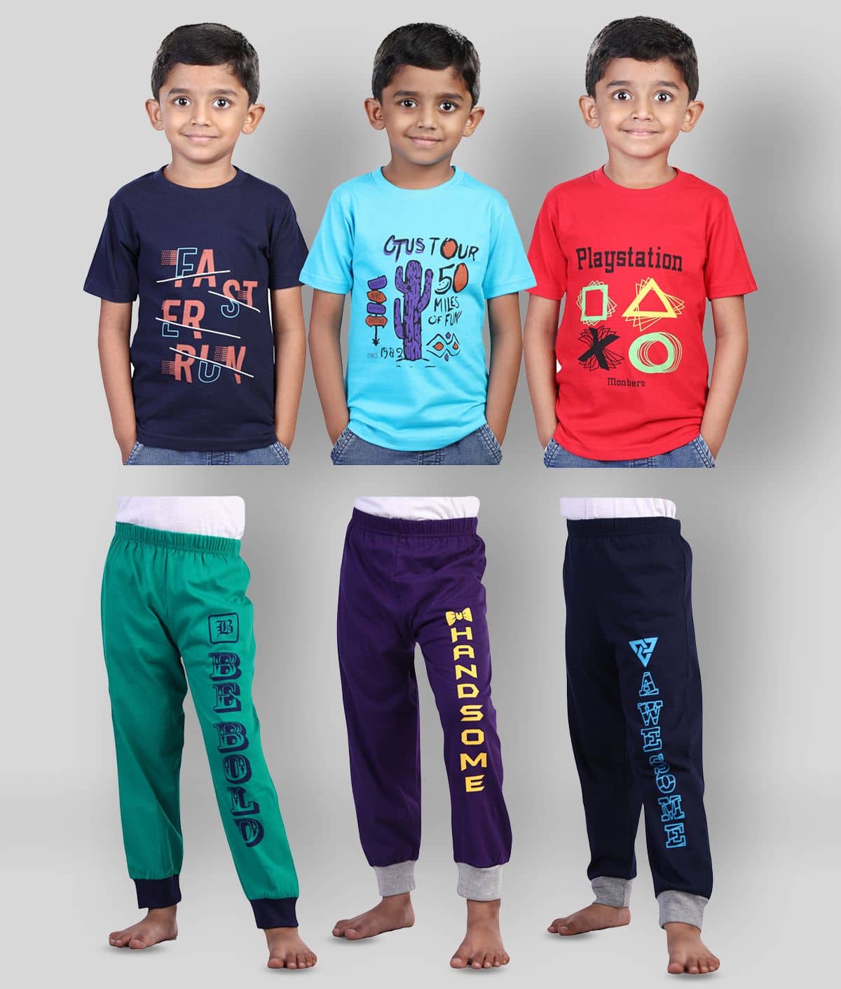 JILZ Pack of 3 Boys Cotton T-Shirt & Pants Set ( Multi )