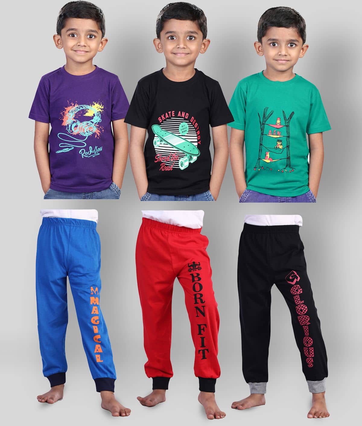 JILZ Pack of 3 Boys Cotton T-Shirt & Pants Set ( Multi )
