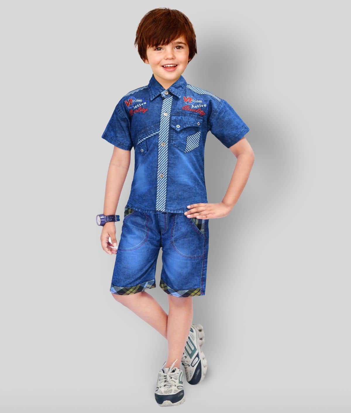 NewCollections Pack of 1 Boys Denim Shirt & Shorts Set ( Blue )