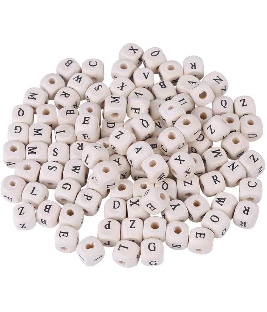     			PRANSUNITA 10 mm Wooden Alphabet Letter Square Shape Loose Beads for DIY Bracelets, Necklaces, Educational Toys – Natural White Color – Pack of 100 pcs