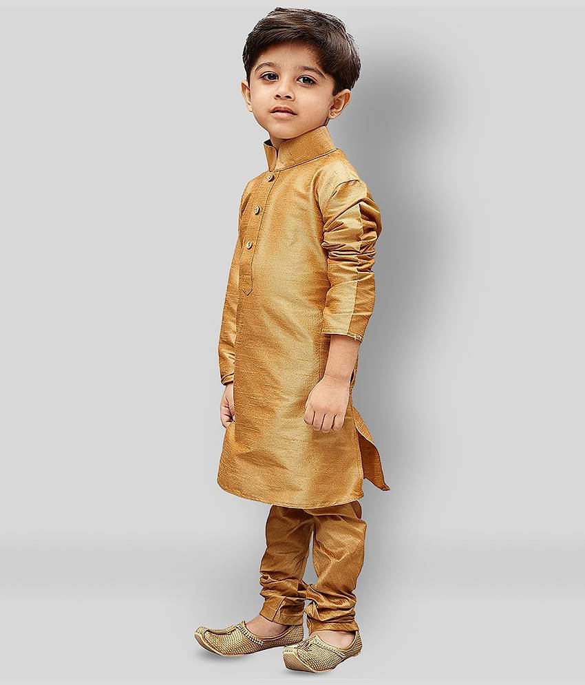 Fourfolds Boys Cotton Blend Solid - Pattern Kurta Pant Set ( Beige , Pack of 1 )