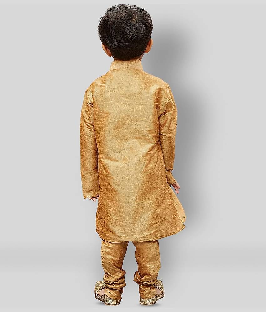 Fourfolds Boys Cotton Blend Solid - Pattern Kurta Pant Set ( Beige , Pack of 1 )