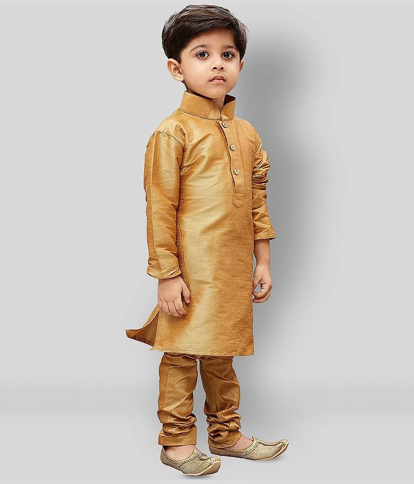 Fourfolds Boys Cotton Blend Solid - Pattern Kurta Pant Set ( Beige , Pack of 1 )