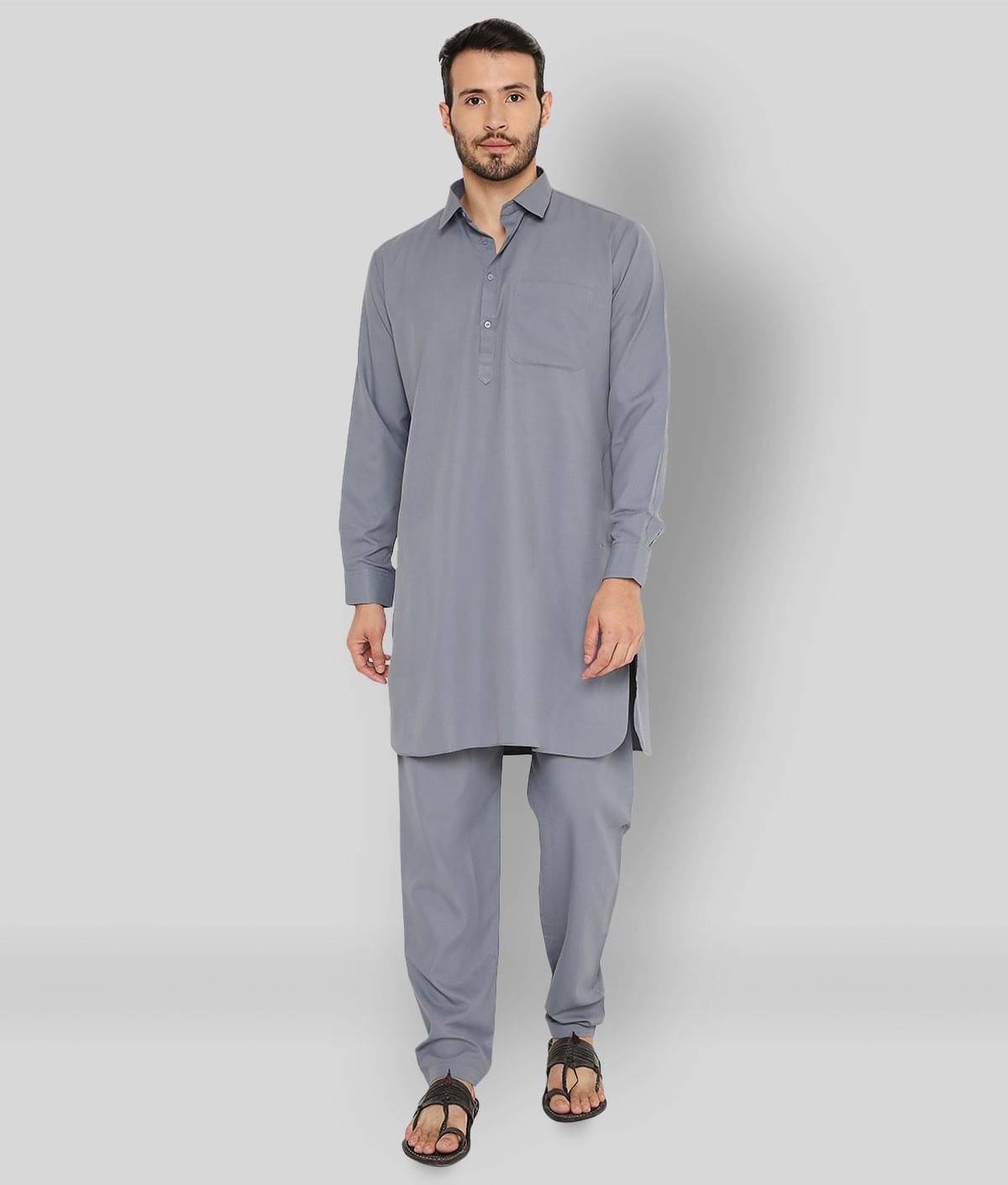 Maharaja Medium Grey Polyester Blend Kurta Pyjama Set Maharaja Medium Grey Polyester Blend Kurta Pyjama Set