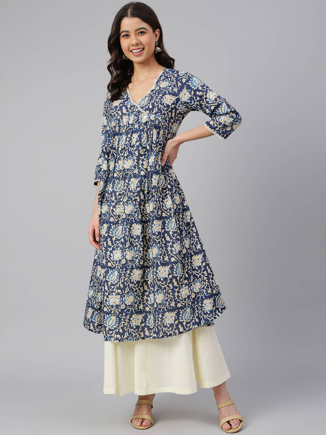 Janasya - Navy Cotton Women's Flared Kurti ( Pack of 1 ) - Kurtis, Tunics | Buy online on ZillyBuy