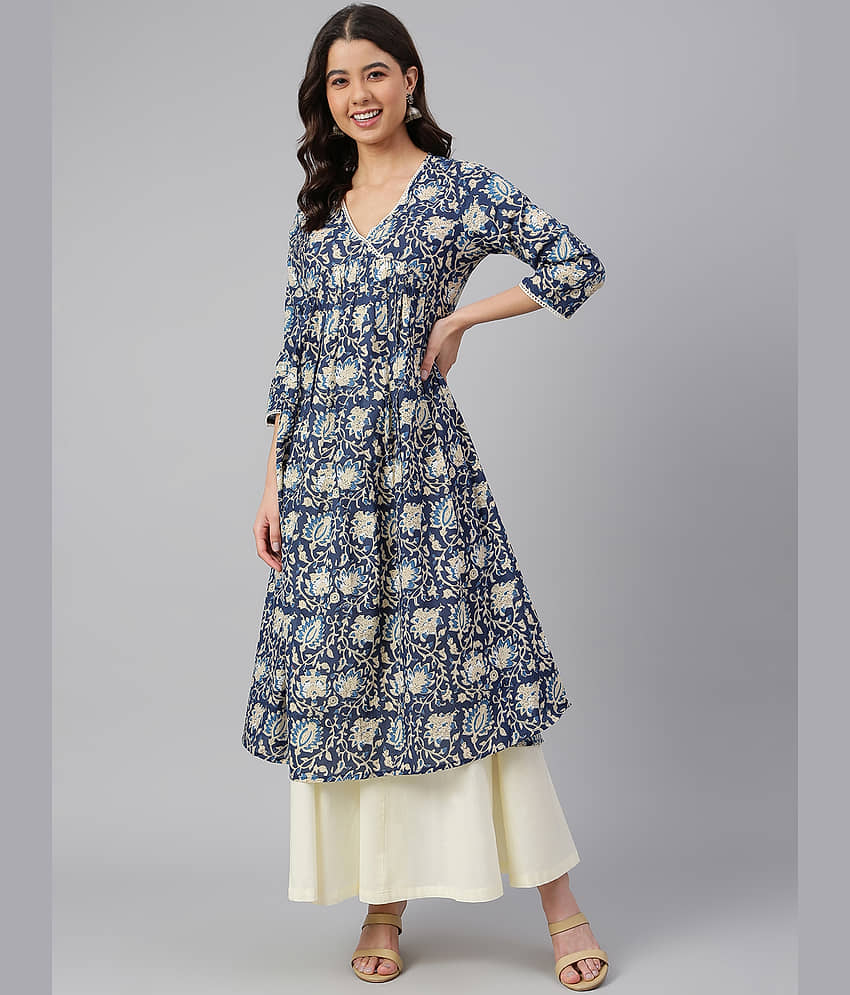 Janasya - Navy Cotton Women's Flared Kurti ( Pack of 1 ) - Kurtis, Tunics | Buy online on ZillyBuy