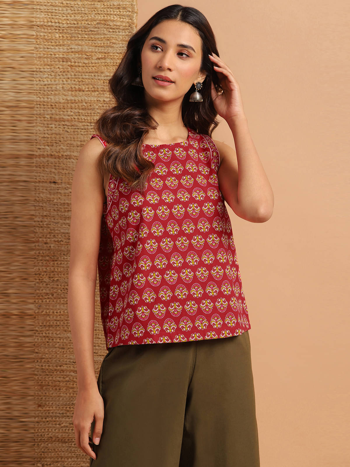     			Janasya Women's Cotton Regular Top ( Red )