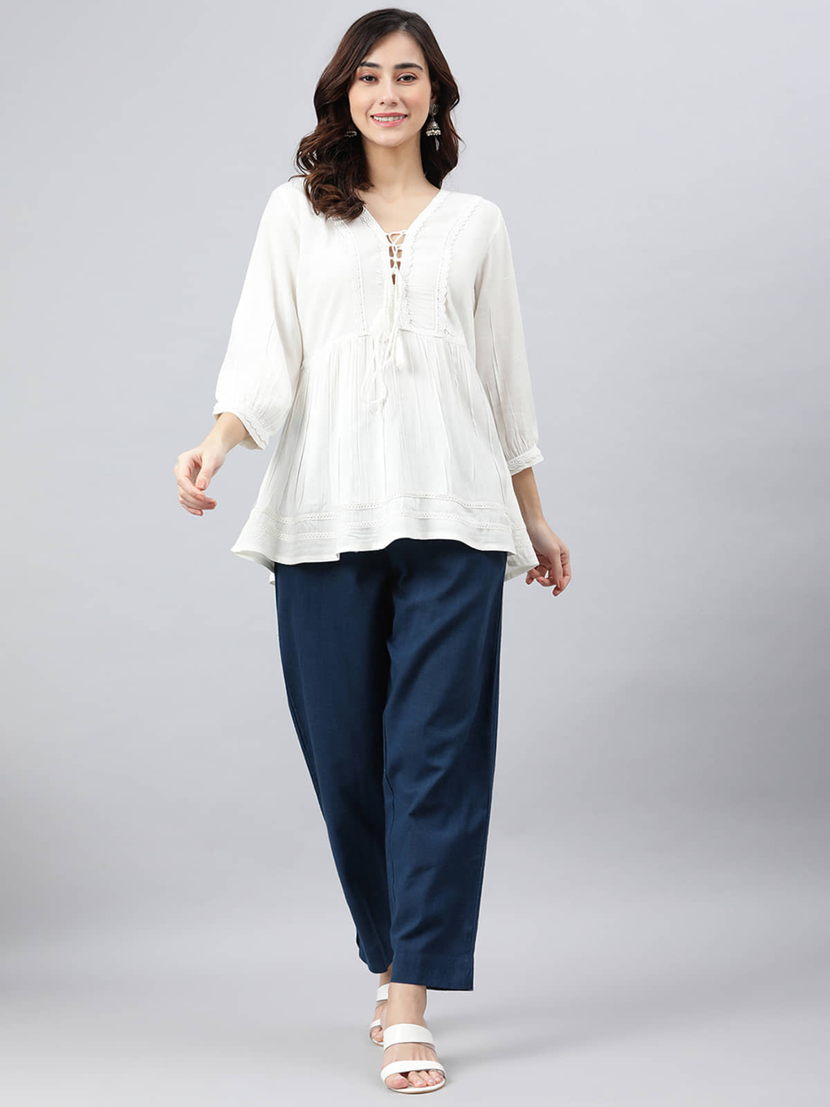 Janasya Women's Rayon Empire Top ( White )
