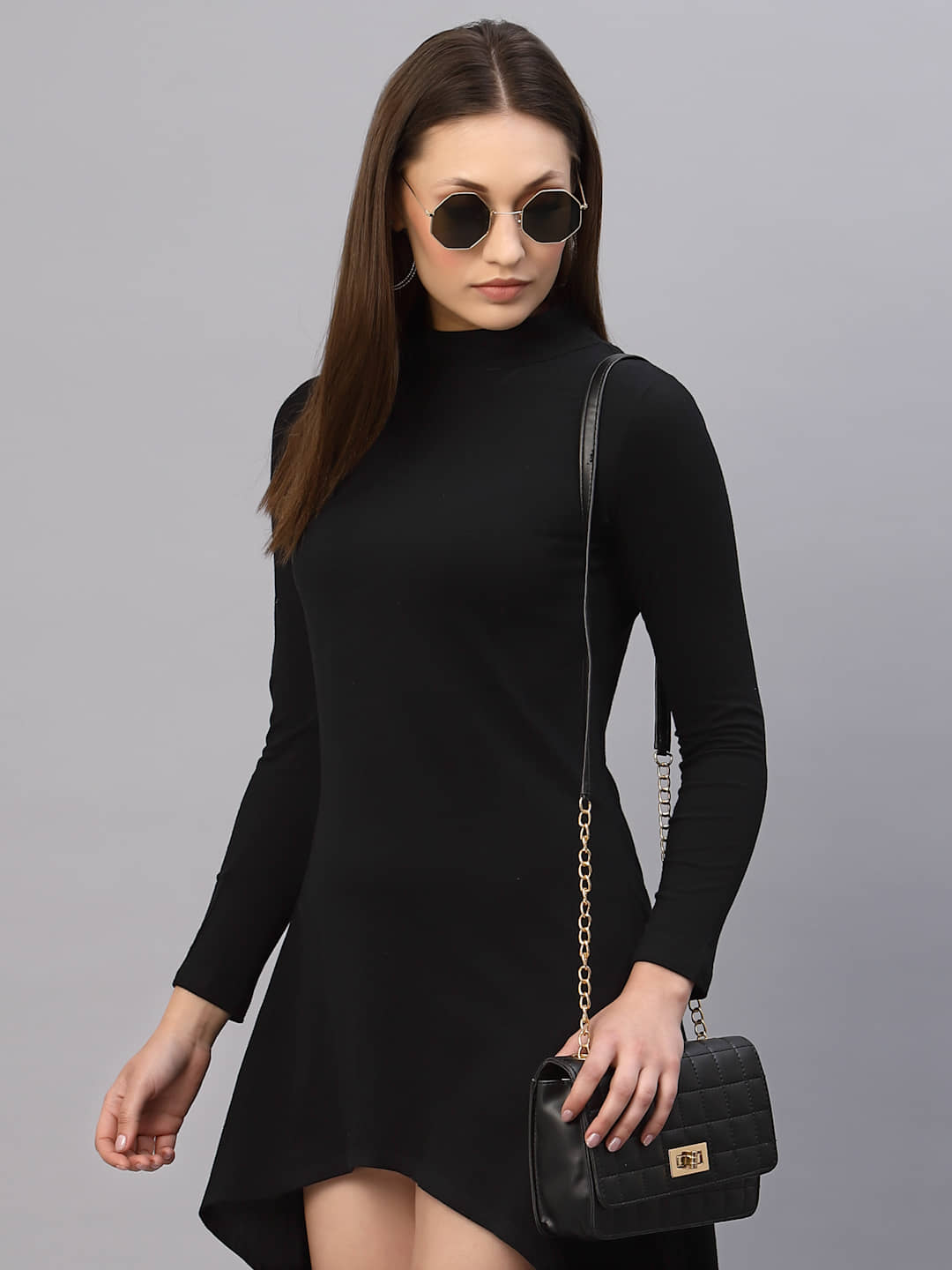 Rigo Women Cotton Solid Asymmetric Dress ( Black )