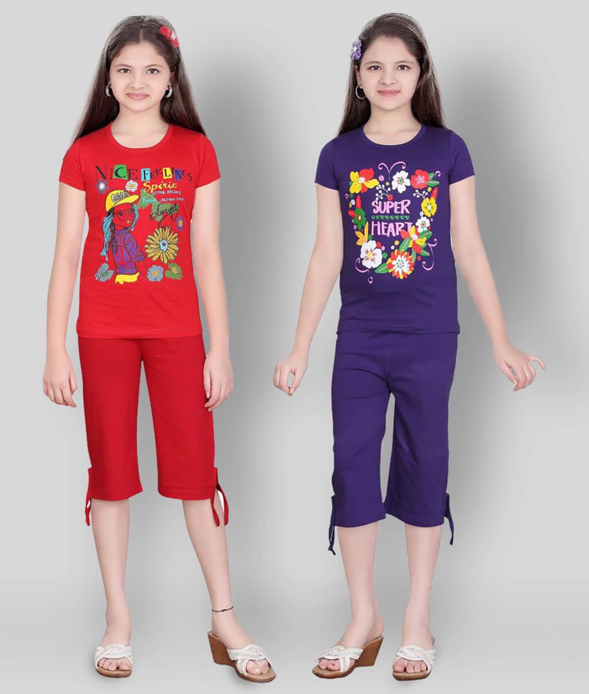 Sini Mini Pack of 2 Girls 100% Cotton Top With Capris ( Multicolor )