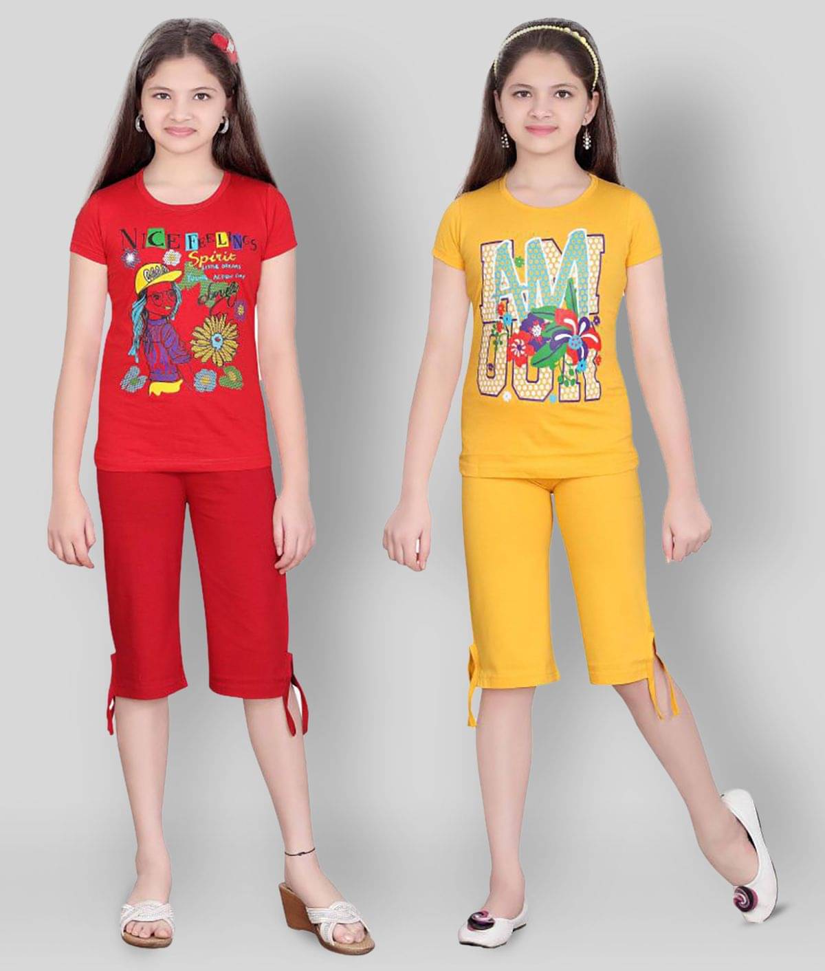     			Sini Mini Pack of 2 Girls 100% Cotton Top With Capris ( Multicolor )
