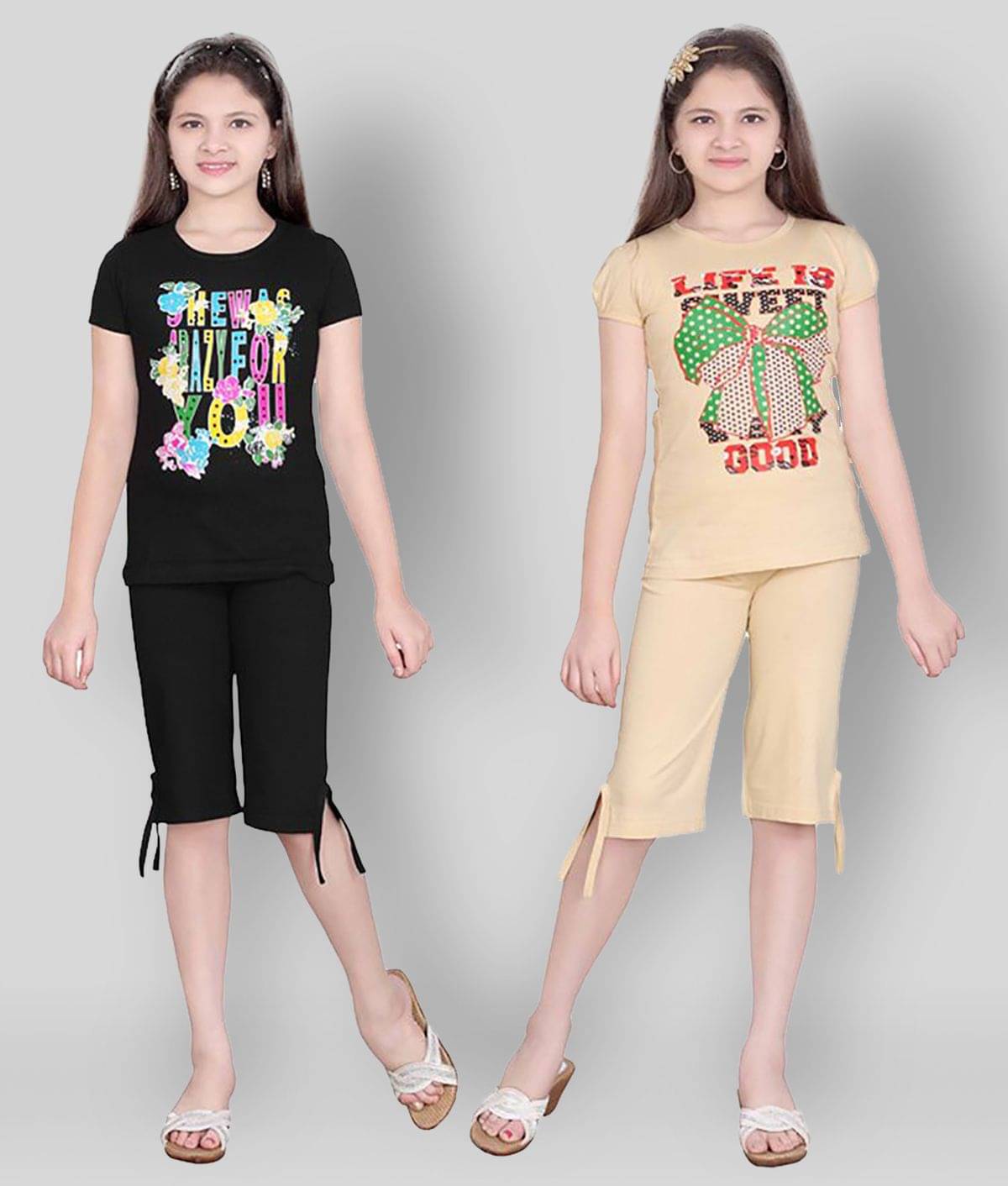     			Sini Mini Pack of 2 Girls 100% Cotton Top With Capris ( Multi )