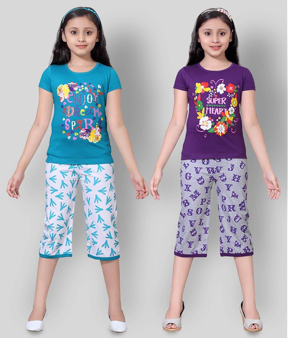     			Sini Mini Pack of 2 Girls 100% Cotton Top With Shorts ( Multi )