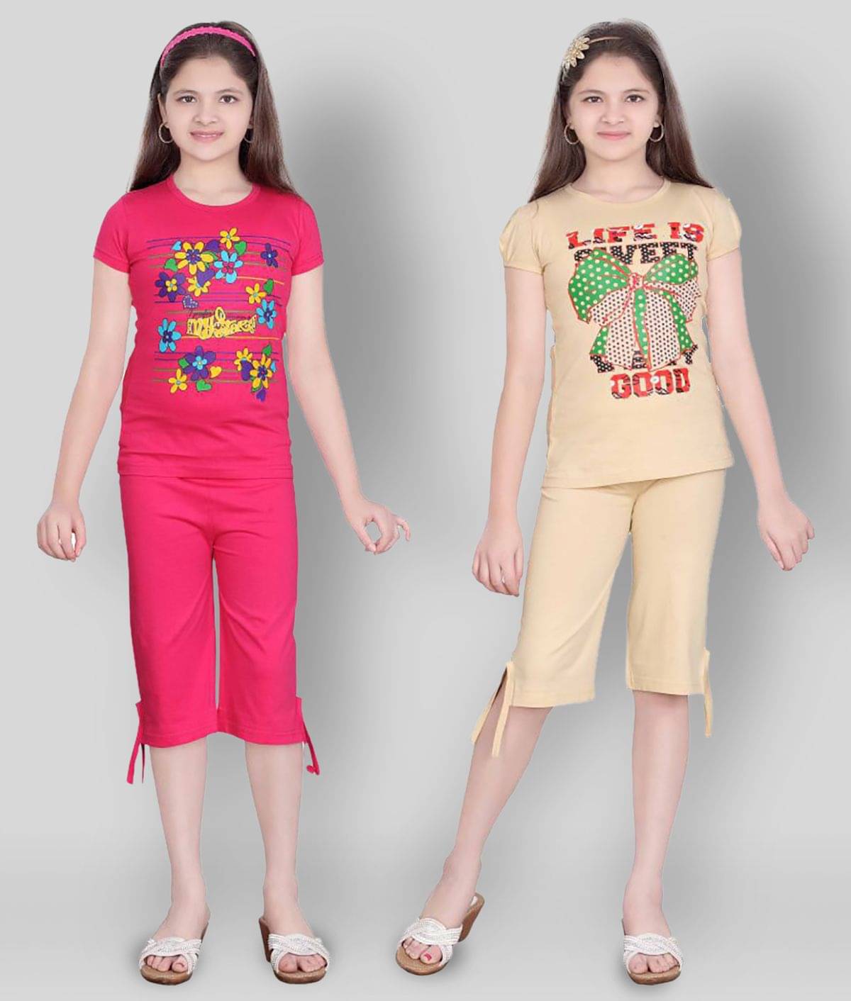     			Sini Mini Pack of 2 Girls 100% Cotton Top With Capris ( Multi )