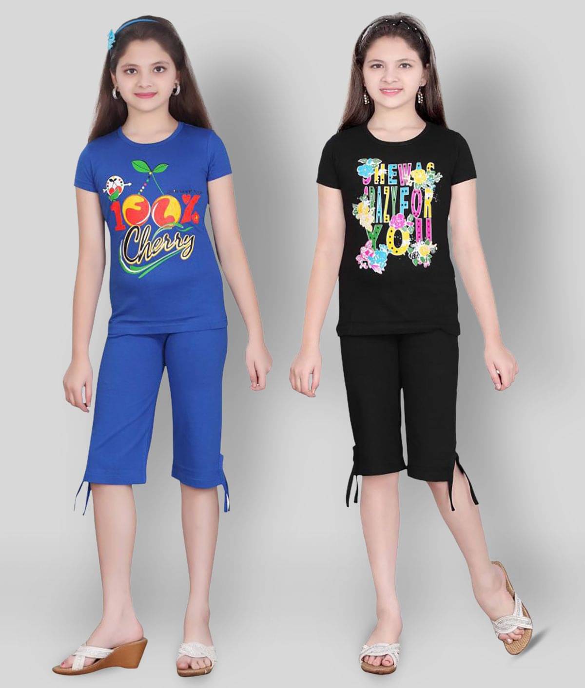     			Sini Mini Pack of 2 Girls 100% Cotton Top With Capris ( Multicolor )