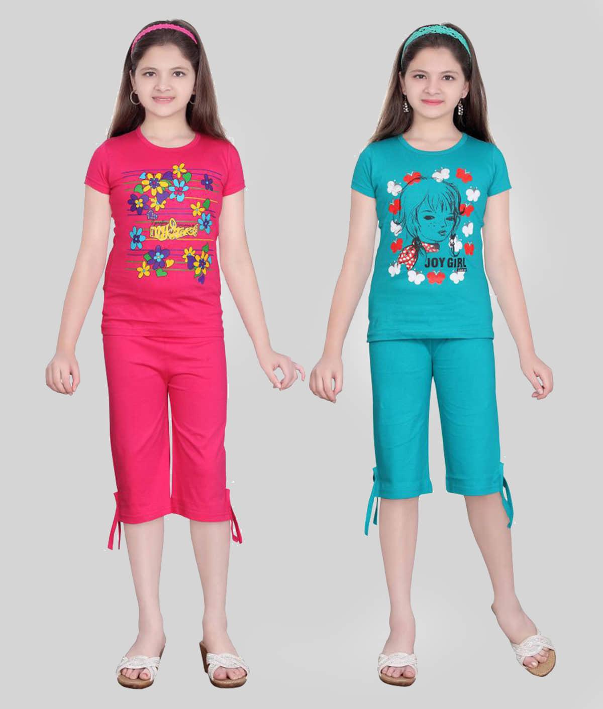 Sini Mini Pack of 2 Girls 100% Cotton Top With Capris ( Multi )