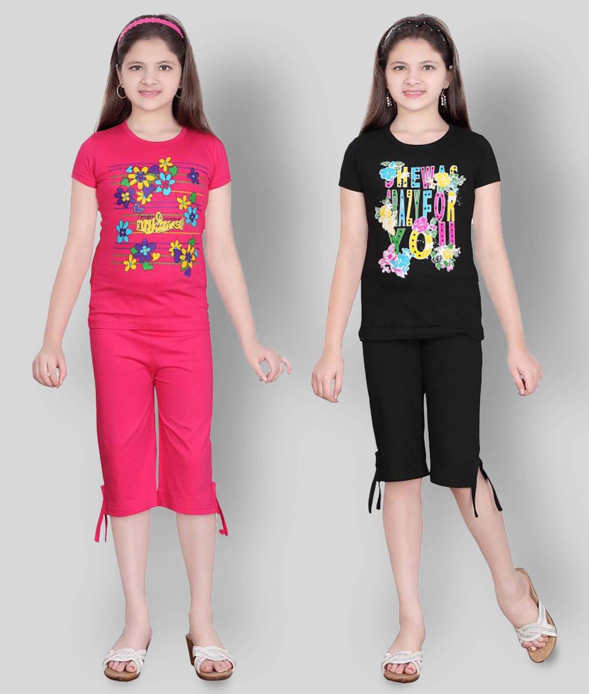    			Sini Mini Pack of 2 Girls 100% Cotton Top With Capris ( Multi )