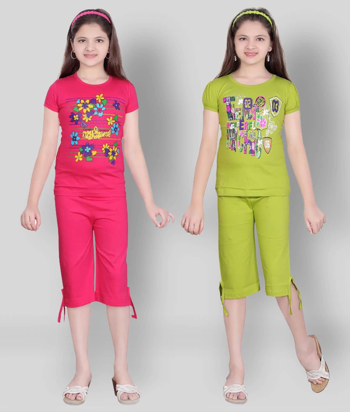 Sini Mini Pack of 2 Girls 100% Cotton Top With Capris ( Multi )