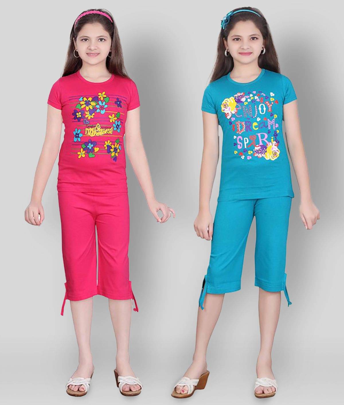     			Sini Mini Pack of 2 Girls 100% Cotton Top With Capris ( Multi )