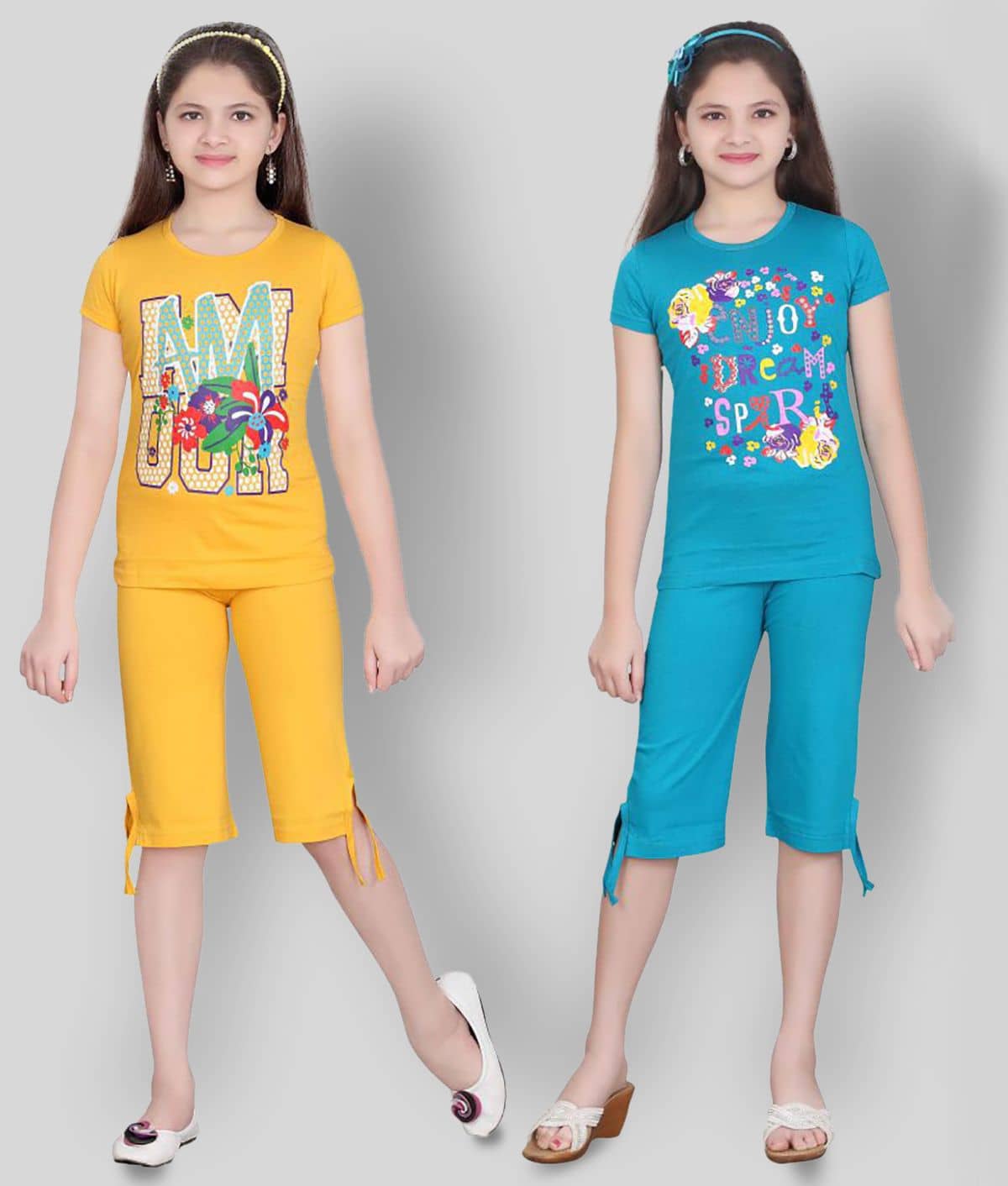 Sini Mini Pack of 2 Girls 100% Cotton Top With Capris ( Multi )