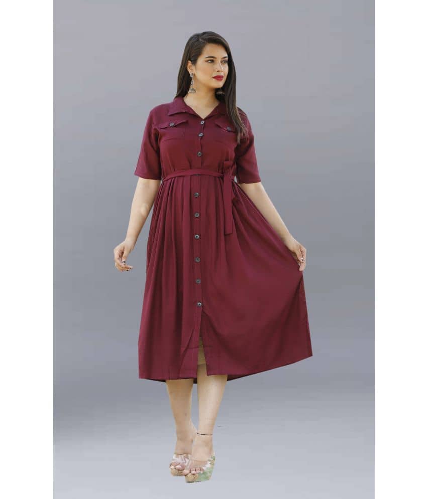 ZAMAISHA Women Rayon Solid Shirt Dress ( Wine )