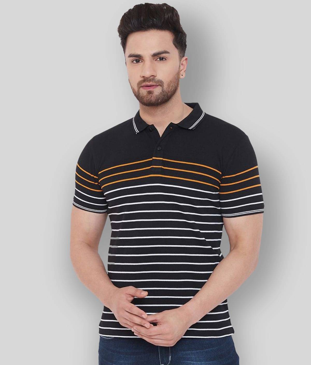 AUSTIN WOOD Pack of 1 Cotton Blend Regular Fit Striped Half Sleeves Men's Polo T Shirt ( Black ) AUSTIN WOOD Pack of 1 Cotton Blend Regular Fit Striped Half Sleeves Men's Polo T Shirt ( Black )