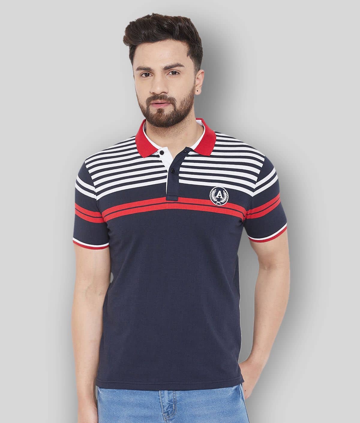 AUSTIN WOOD Pack of 1 Cotton Blend Regular Fit Striped Half Sleeves Men's Polo T Shirt ( Navy )