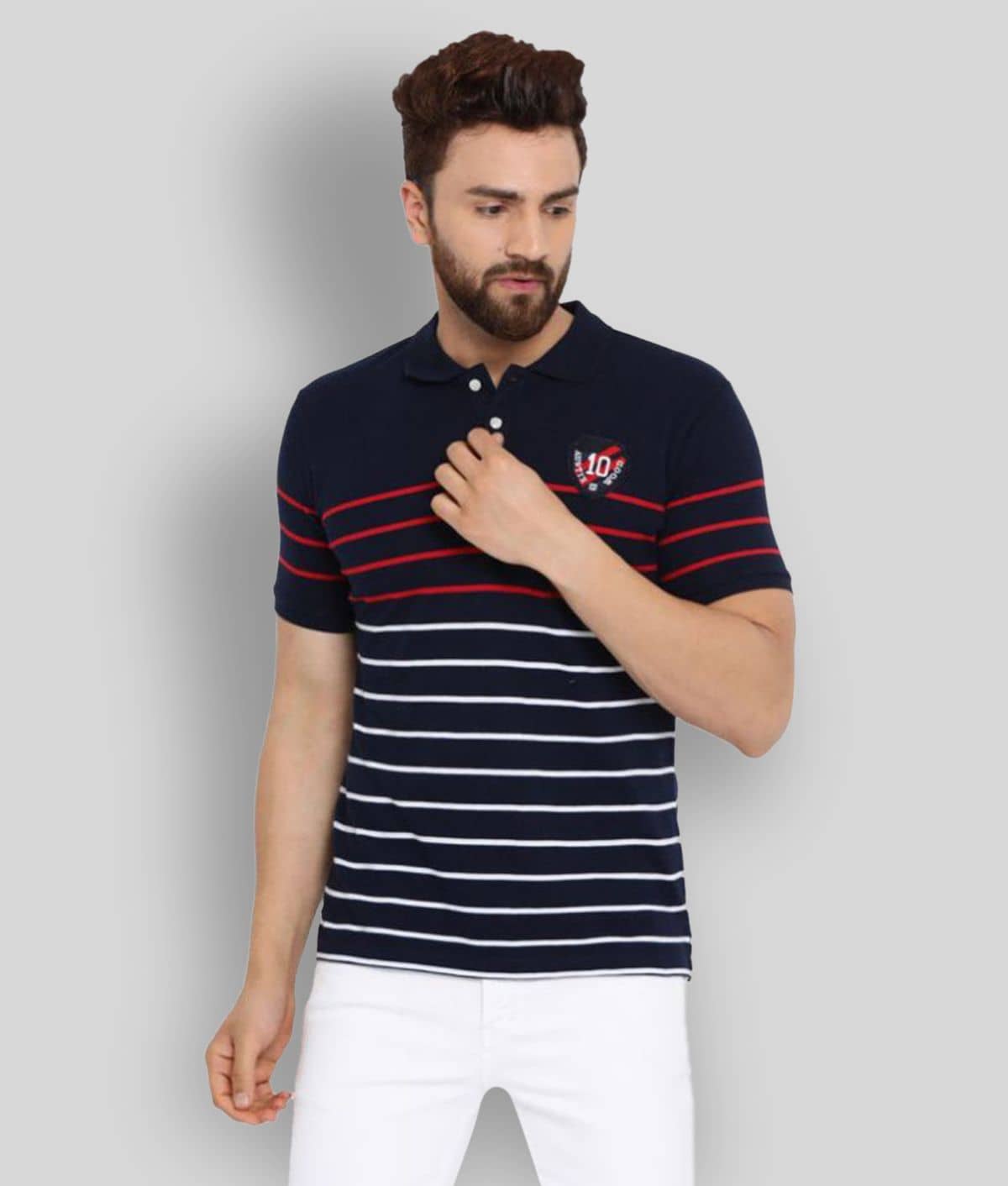 AUSTIN WOOD Pack of 1 Cotton Blend Regular Fit Striped Half Sleeves Men's Polo T Shirt ( Navy )
