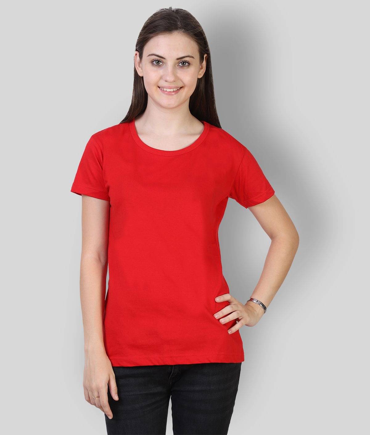     			FLEXIMAA Women Cotton Solid Regular Fit Round Neck T-Shirt ( Red )