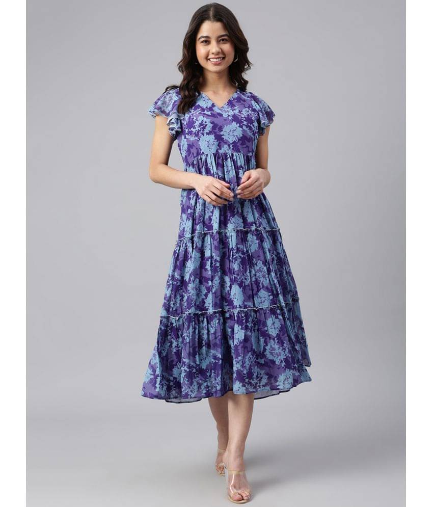 Janasya Women Georgette Printed Fit & Flare Dress ( Blue ) Janasya Women Georgette Printed Fit & Flare Dress ( Blue )
