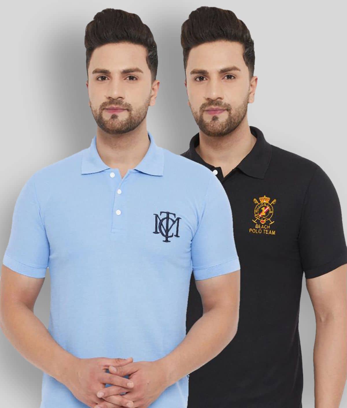 The Million Club Pack of 2 Cotton Blend Regular Fit Solid Half Sleeves Men's Polo T Shirt ( Blue )