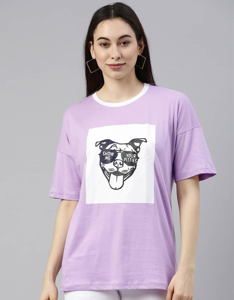 JUNEBERRY Women Cotton Printed Oversized Fit Round Neck T-Shirt ( Purple )