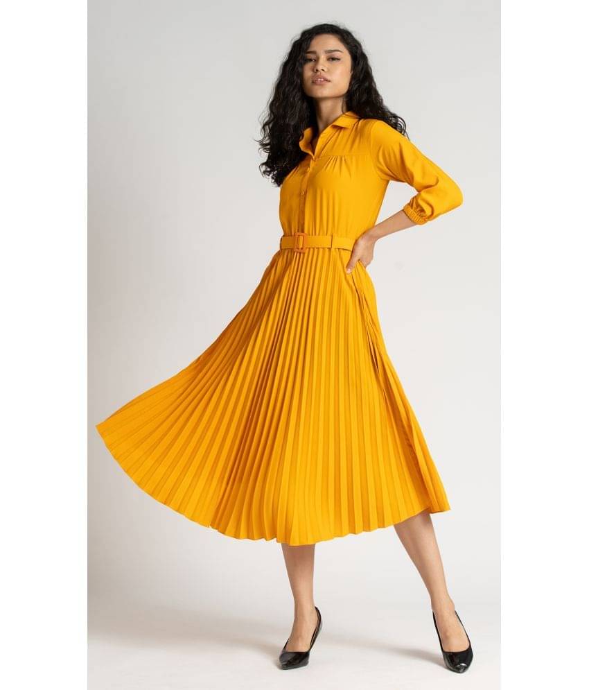 aask Women Crepe Solid Fit & Flare Dress ( Yellow ) aask Women Crepe Solid Fit & Flare Dress ( Yellow )