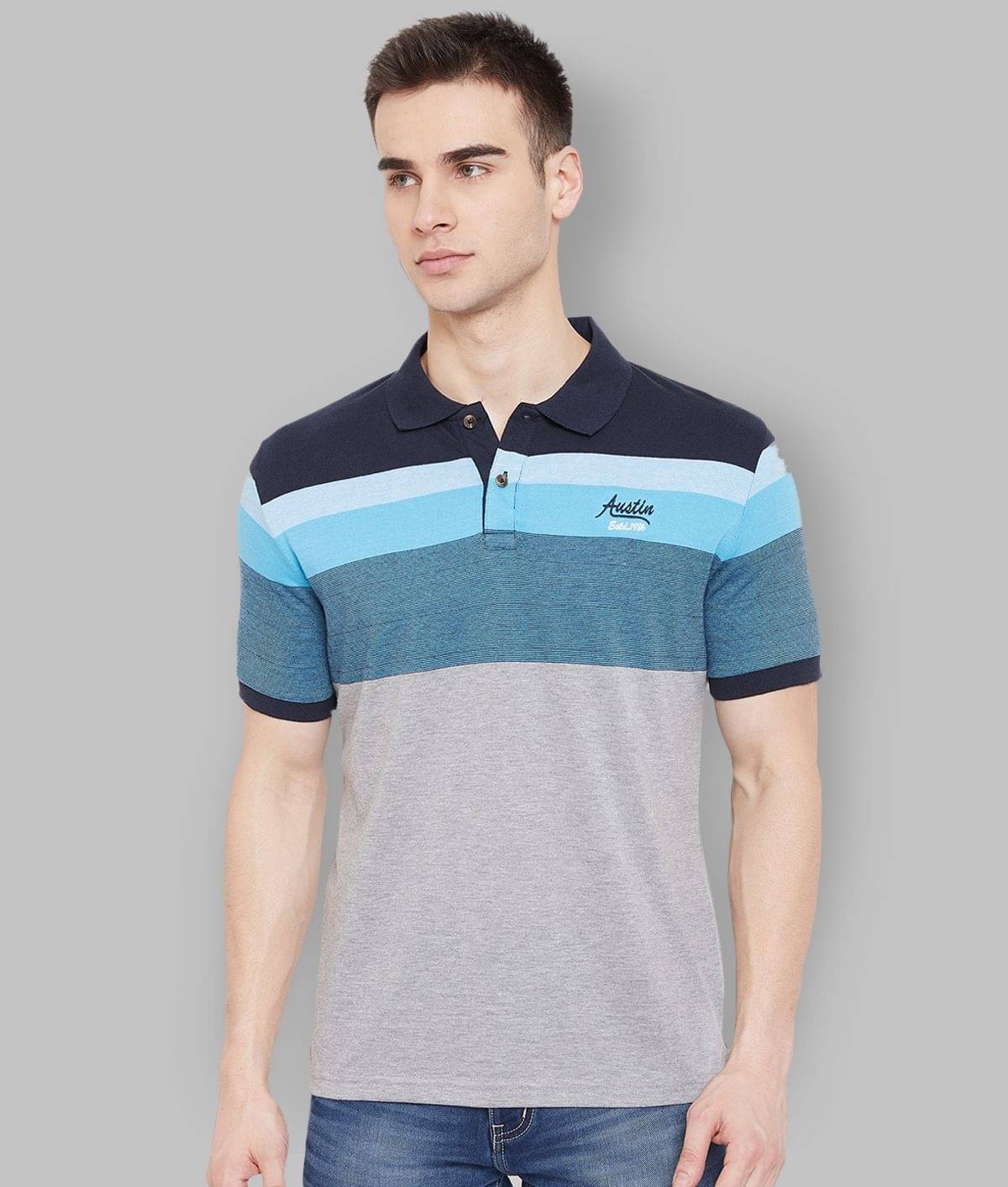 AUSTIN WOOD Pack of 1 Cotton Blend Regular Fit Striped Half Sleeves Men's Polo T Shirt ( Grey )     			AUSTIN WOOD Pack of 1 Cotton Blend Regular Fit Striped Half Sleeves Men's Polo T Shirt ( Grey )