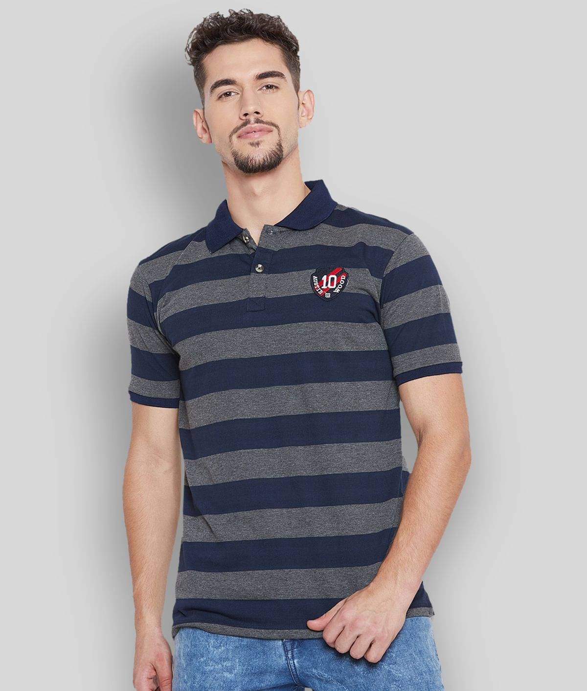AUSTIN WOOD Pack of 1 Cotton Blend Regular Fit Striped Half Sleeves Men's Polo T Shirt ( Multicolor ) AUSTIN WOOD Pack of 1 Cotton Blend Regular Fit Striped Half Sleeves Men's Polo T Shirt ( Multicolor )