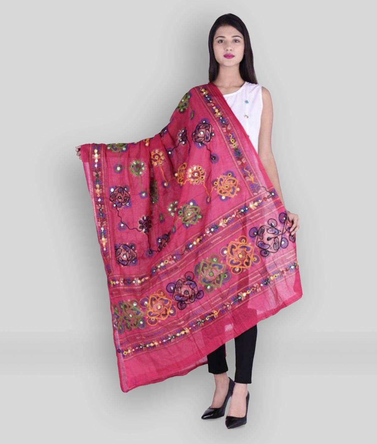     			Apratim Pink Cotton Kutch Embroidered Dupatta