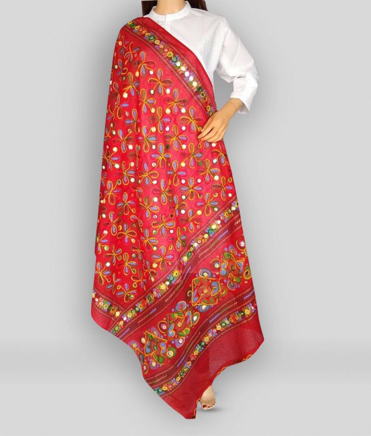 Apratim Red Cotton Aari Embroidered Dupatta     			Apratim Red Cotton Aari Embroidered Dupatta