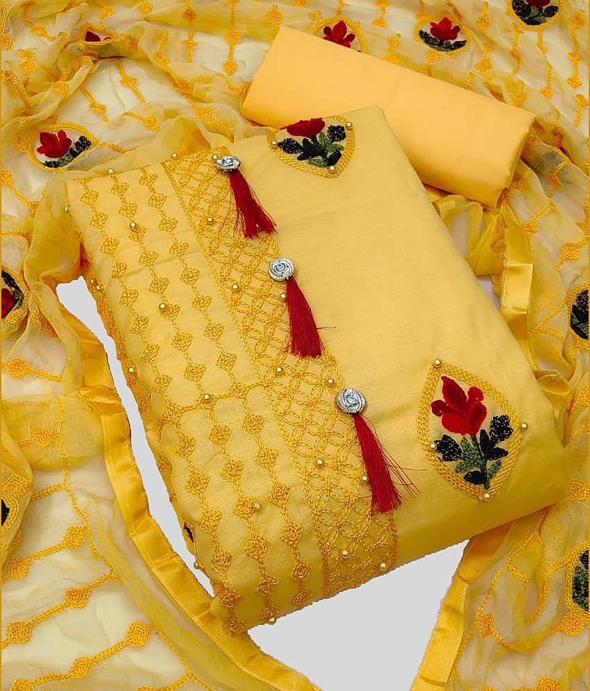 Gazal Fashions Unstitched Cotton Blend Embroidered Dress Material - Yellow ( Pack of 1 ) - Unstitched Fabrics | Buy online on ZillyBuy