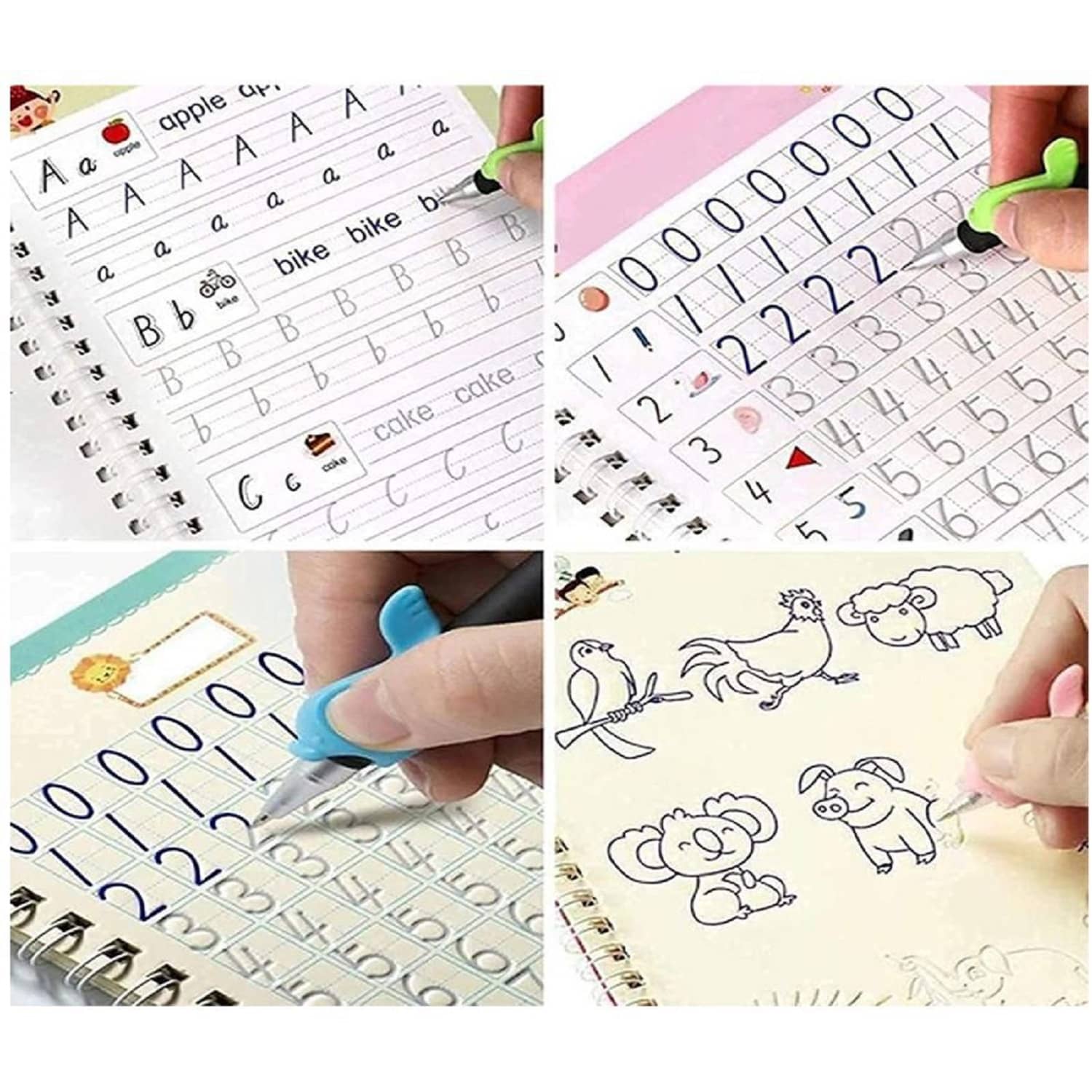 Sank Magic Practice Copybook - (1 Pen + 1 Grip + 4 BOOKS + 10 REFILL) Number Tracing Book - Writing Book - Magic Calligraphy - Copybook Set - Calligraphy Pen - Calligraphy Book - Practical Reusable Writing Tool - Simple Hand Lettering for Preschoolers