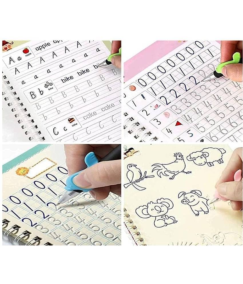Sank Magic Practice Copybook - (1 Pen + 1 Grip + 4 BOOKS + 10 REFILL) Number Tracing Book - Writing Book - Magic Calligraphy - Copybook Set - Calligraphy Pen - Calligraphy Book - Practical Reusable Writing Tool - Simple Hand Lettering for Preschoolers