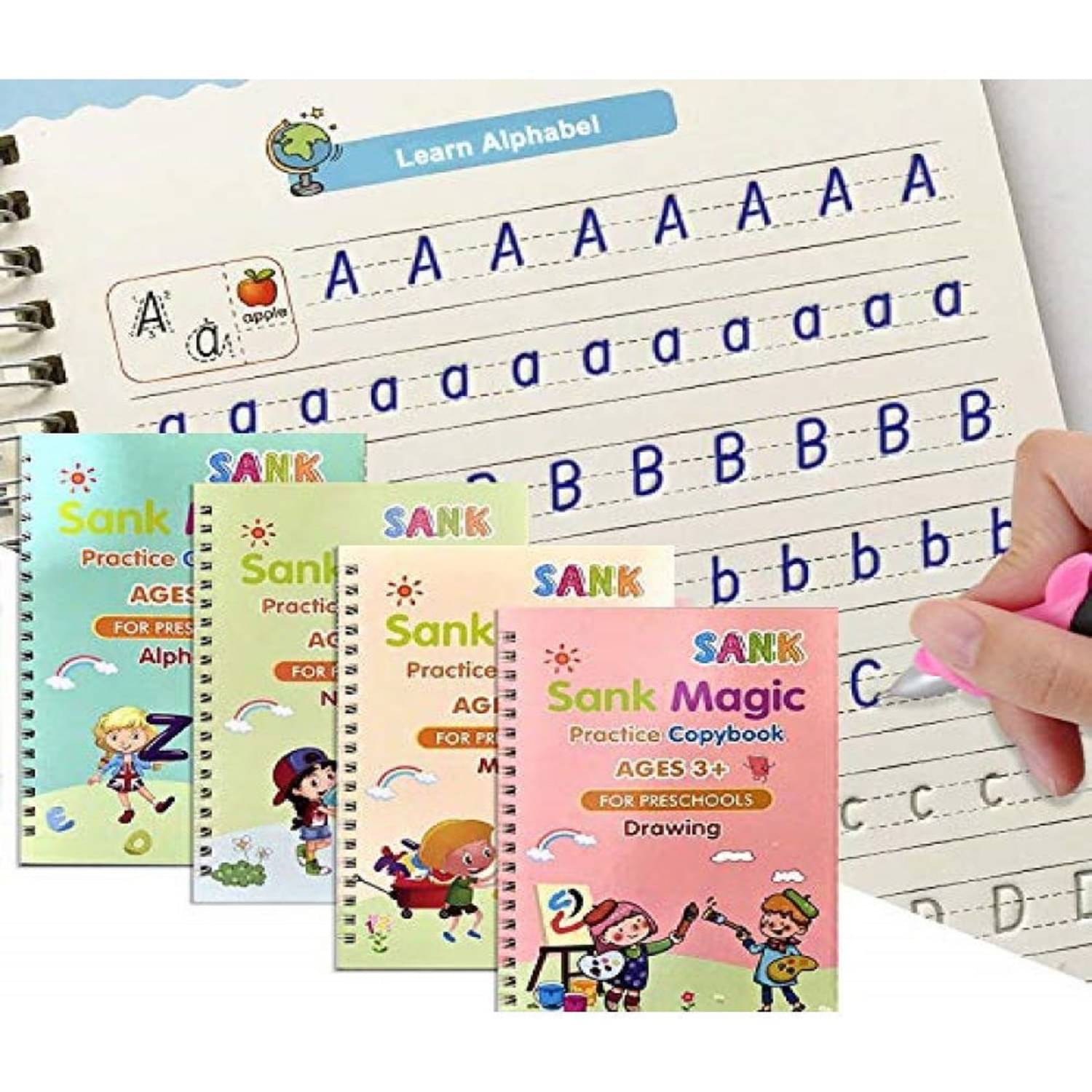     			Sank Magic Practice Copybook, (4 Books + 1 Pen + 10 Refill) Number, Alphabet, Math and Drawing for Preschools Ages 3+ - Reusable Writing Tool Simple
