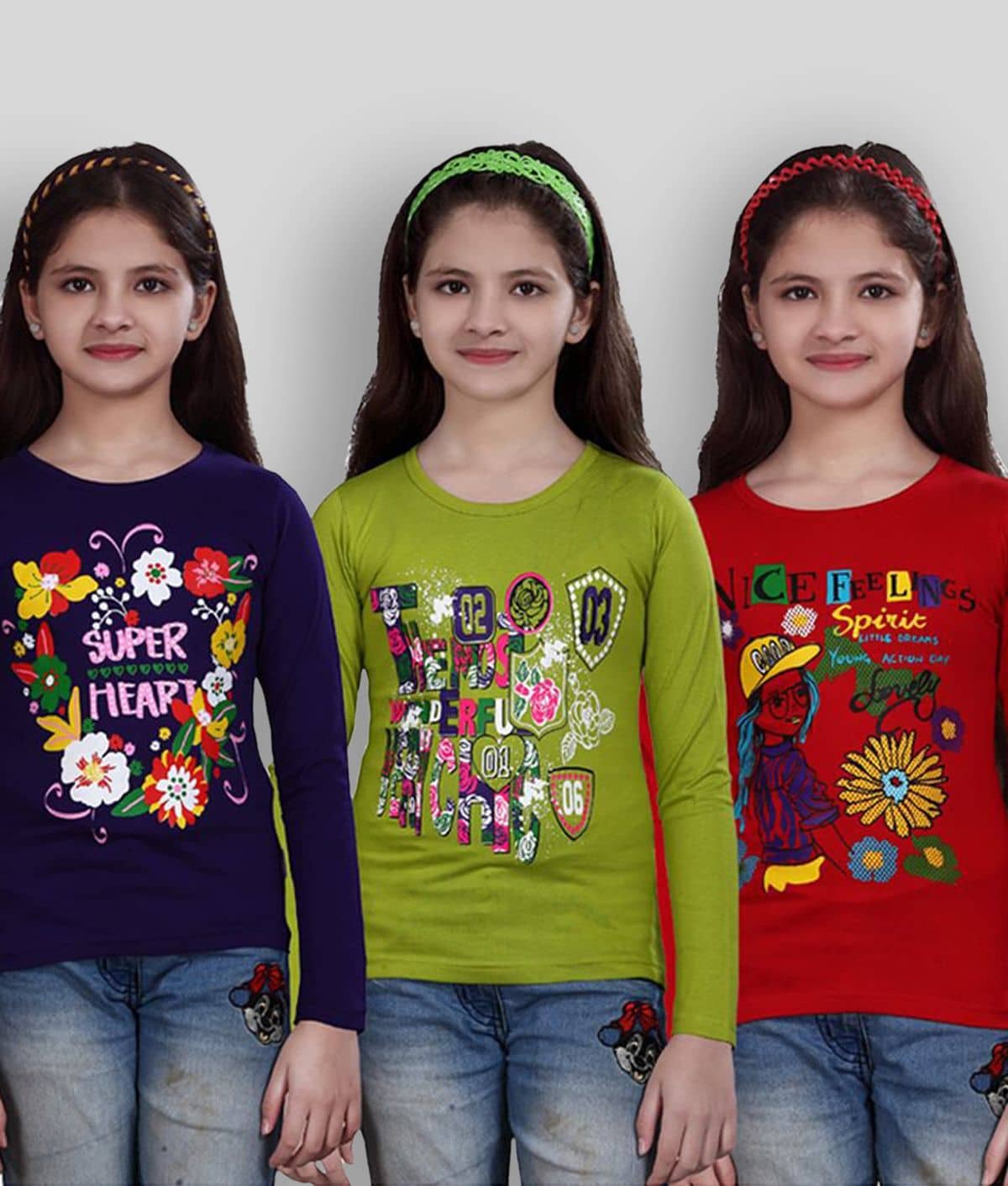 Sini Mini Pack of 3 Girls Cotton T-Shirt ( Blue )