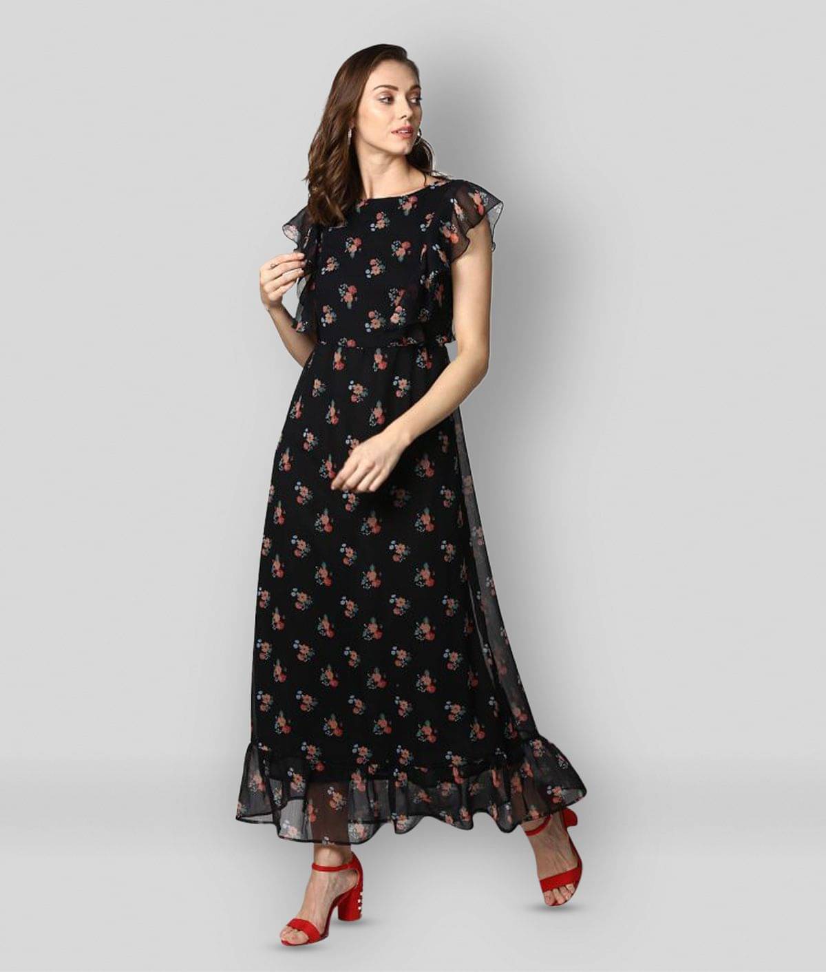 StyleStone Women Polyester Printed A-line Dress ( Black ) StyleStone Women Polyester Printed A-line Dress ( Black )