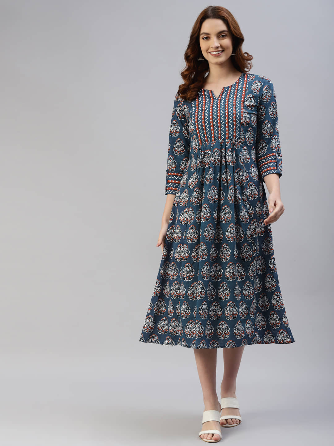 SVARCHI Women Cotton Printed Ethnic Dress ( Blue )