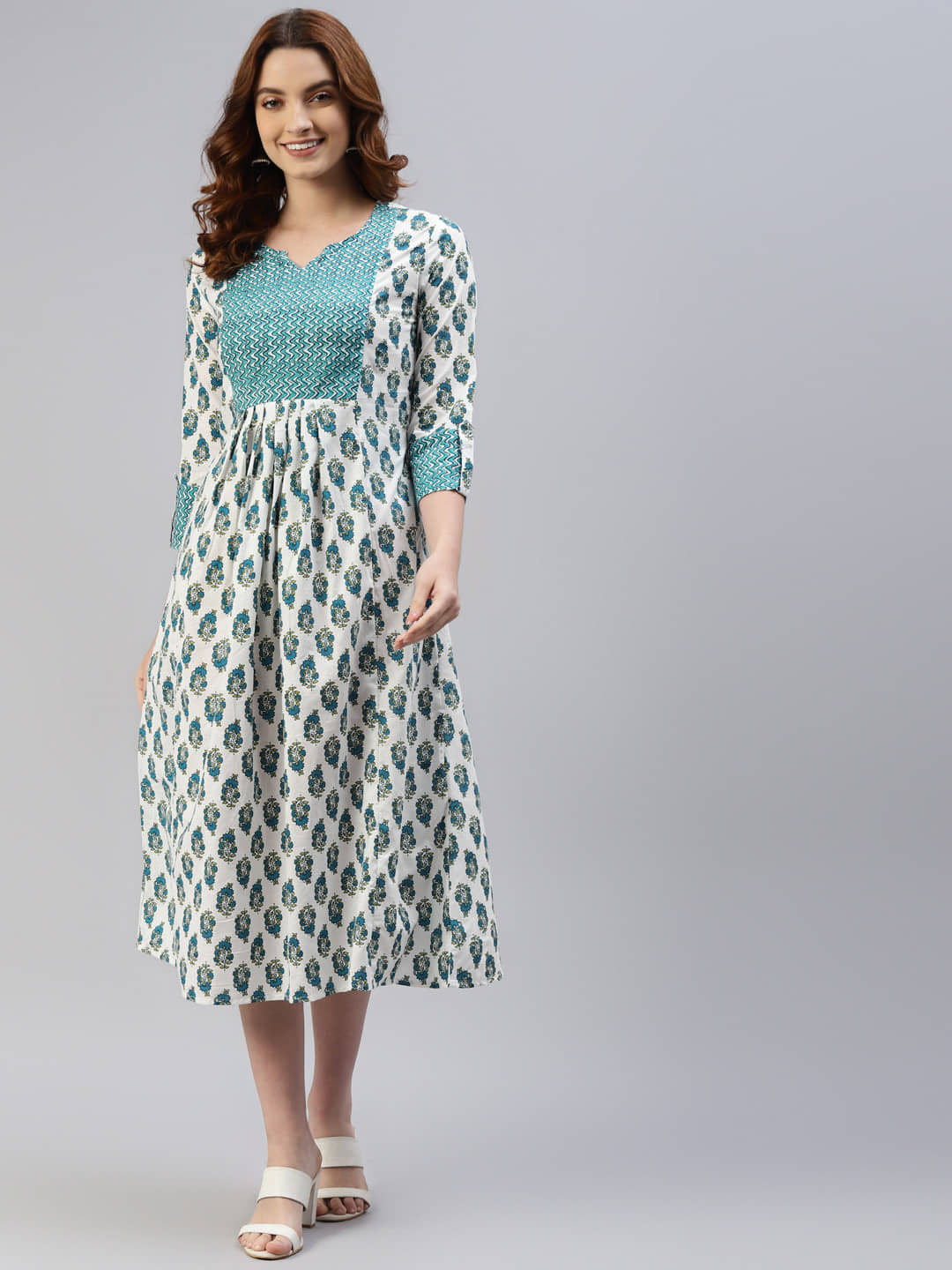SVARCHI Women Cotton Printed Ethnic Dress ( White )